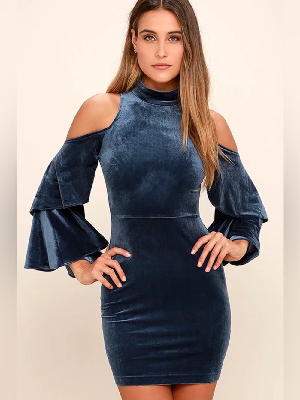 Lulu's Charcoal Velvet Cold-Shoulder Mini Dress
